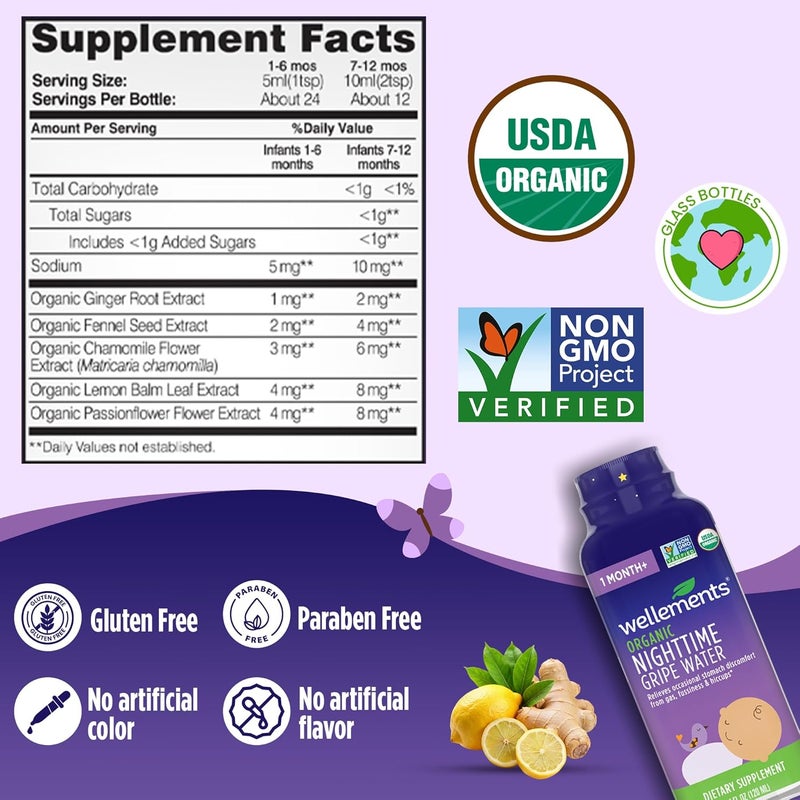 Wellements Organic Nighttime Gripe Water for Babies 1 Month+ (4 Fl Oz) - Baby Gripe Water for Bedtime Relief Gas, Colic & Fussiness - Herbs Promote a Peaceful Night’s Sleep - USDA Certified & Non GMO - Image 3